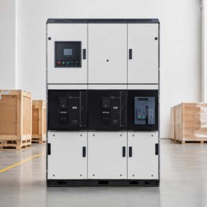 Modern switchgear cabinet staged for export shipment product photo