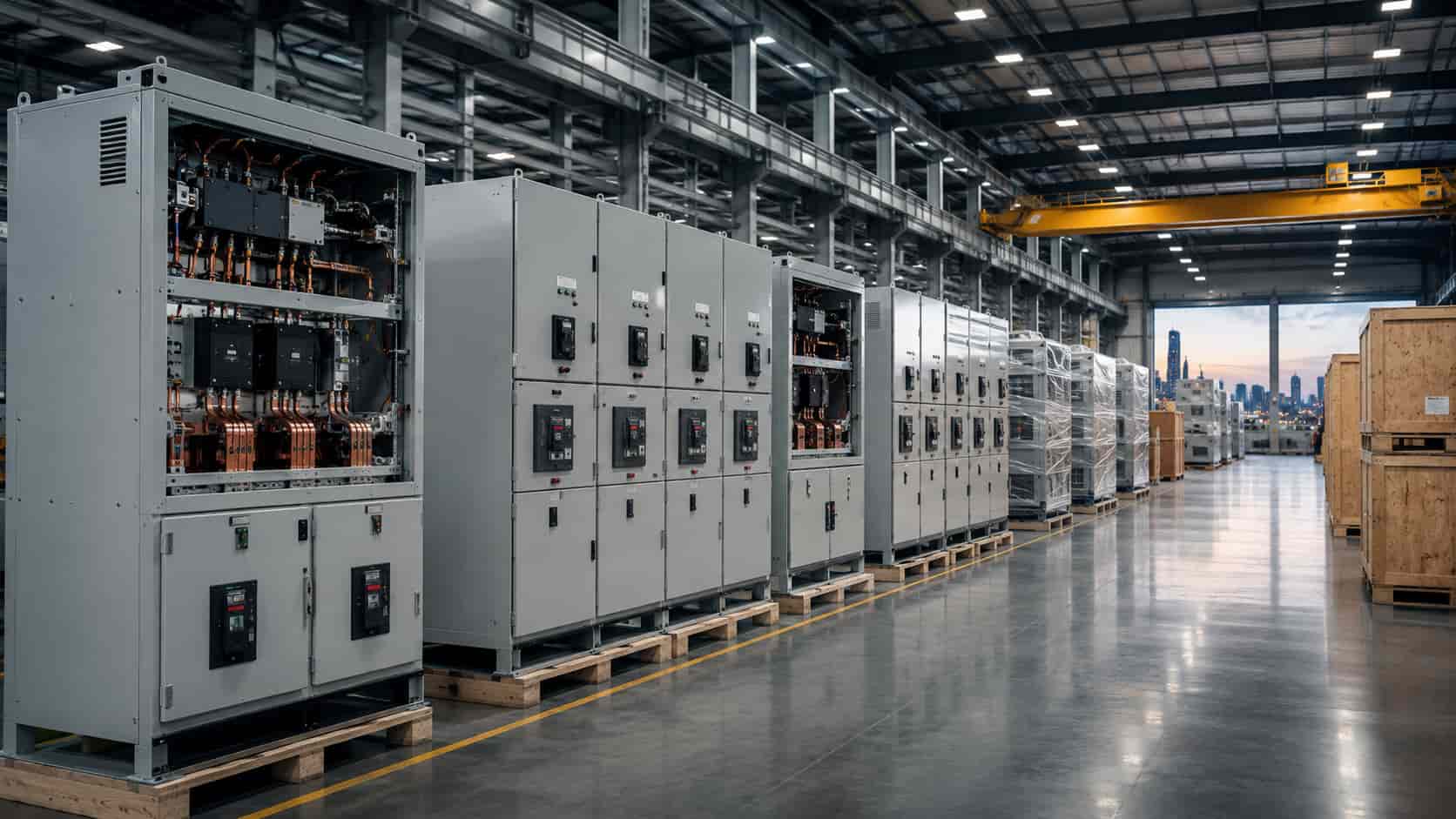 Modern switchgear production line with multiple medium voltage switchgear cabinets staged for testing, packaging and project delivery