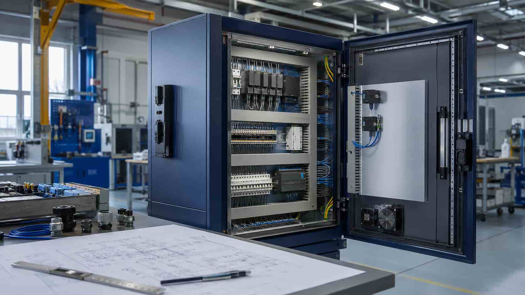 Custom electrical control cabinet with internal wiring, terminal blocks and control components in a modern manufacturing facility