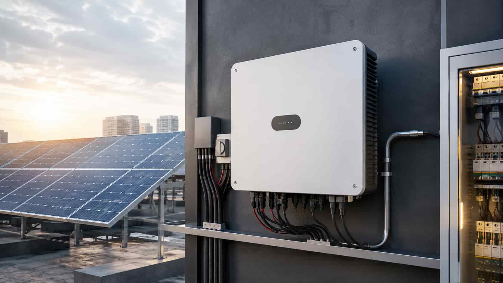Modern solar inverter connected to rooftop photovoltaic panels and electrical distribution equipment