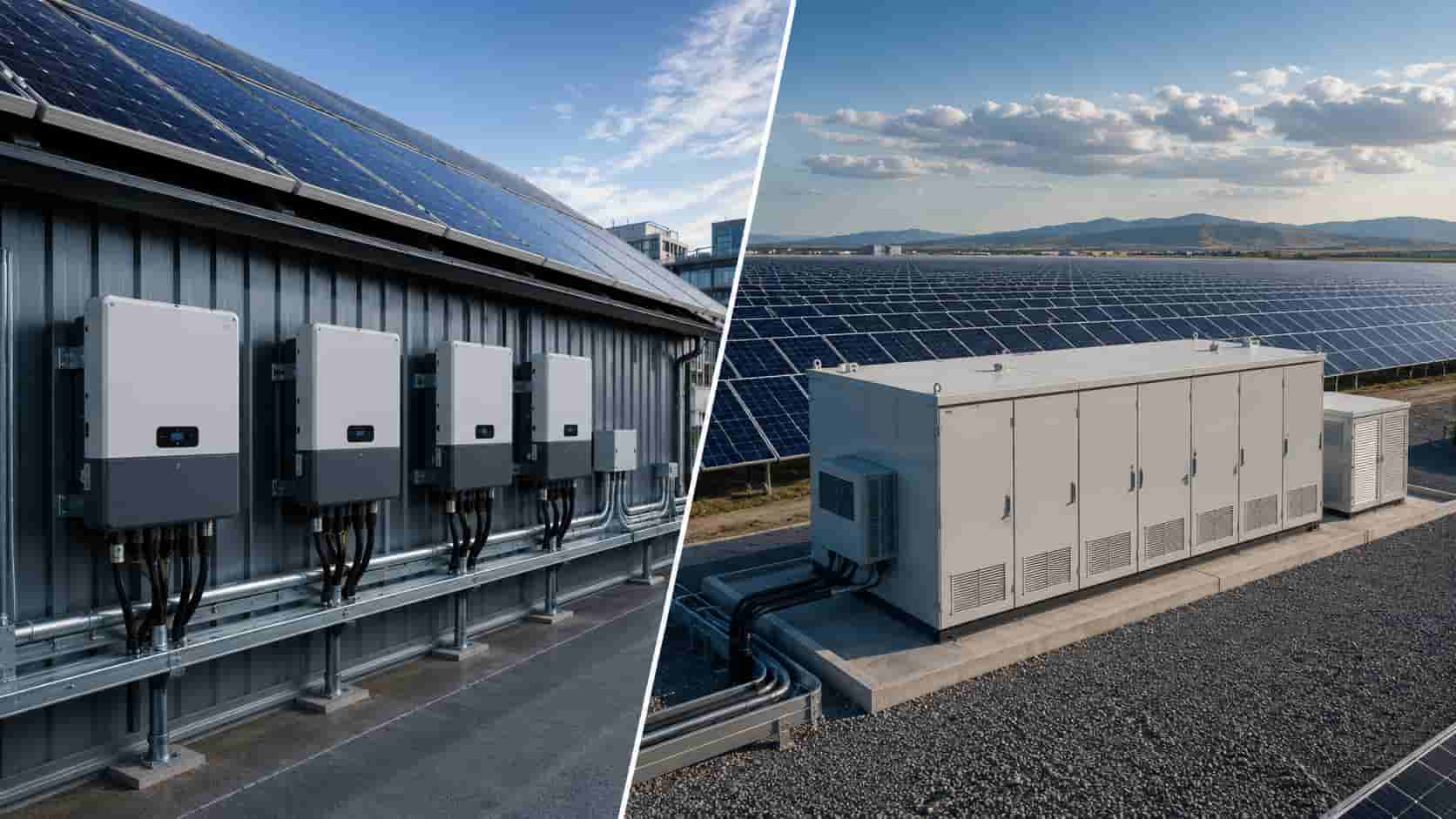 String inverters installed across a commercial solar array compared with a central inverter serving a utility-scale solar farm