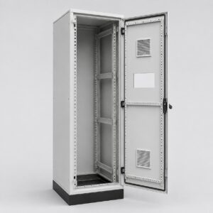 Open interior view of GGD switchgear cabinet showing adjustable mounting rails