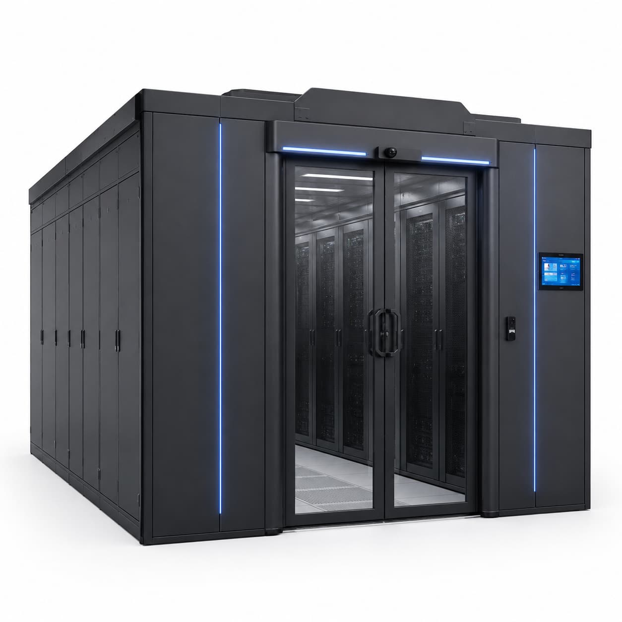 MC6000 micro-module data center exterior with sealed cold aisle and glass sliding doors
