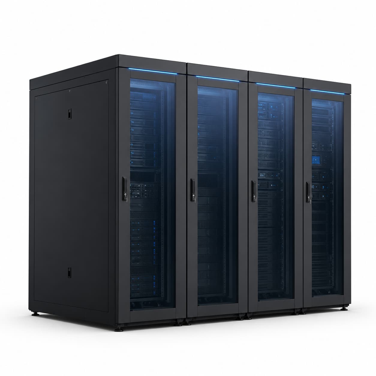 MC2000 compact modular data center cabinet row with glass doors and blue LED status lighting