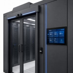 MC6000 motorized glass sliding channel door with integrated environmental monitoring touchscreen