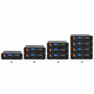 KEXINGYU rack-mounted battery system shown in four parallel-unit height configurations