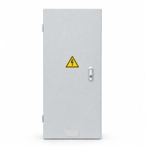 Front view of KEXINGYU grey busbar tap-off box with locking door and warning label