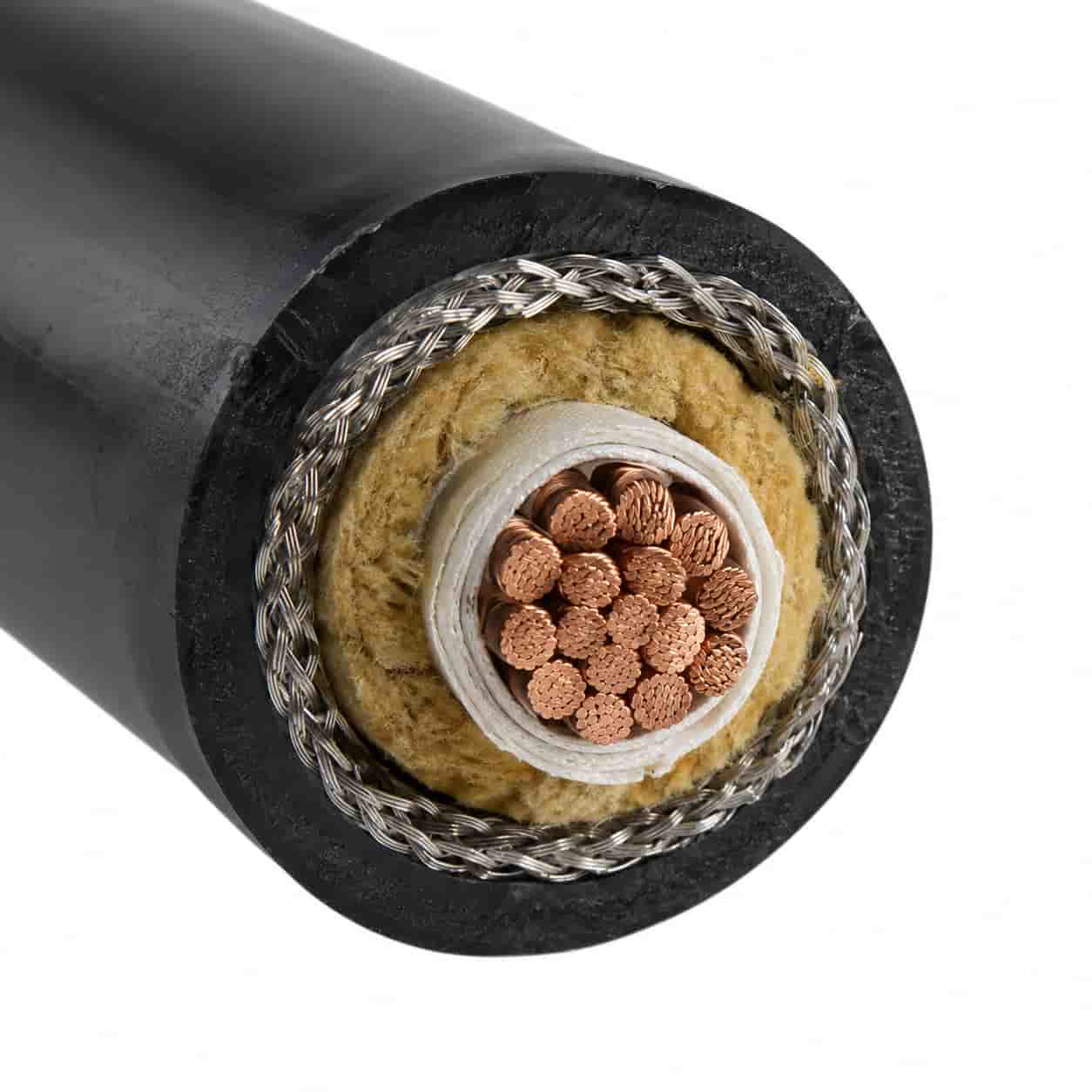 Water-blocking cable cross-section showing water-blocking tape, filler, and tinned copper braid