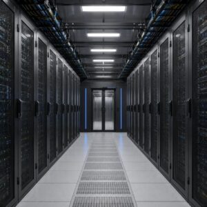 Interior view of MC6000 sealed cold aisle showing rows of 42U IT cabinets