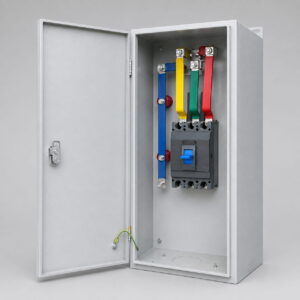 Open interior view of busbar tap-off box showing color-coded busbar connections and integrated circuit breaker
