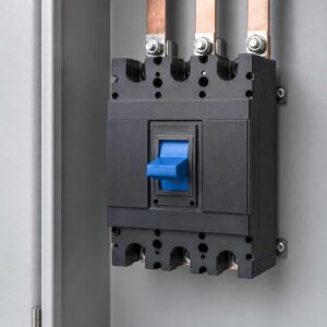 Close-up of integrated molded-case circuit breaker inside busbar tap-off box