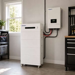 KEXINGYU stacked battery system installed in a home utility room next to an inverter