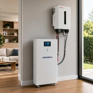 KEXINGYU vertical battery system positioned in a home living space next to an inverter