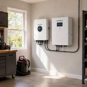 KEXINGYU wall-mounted battery system installed next to a home inverter