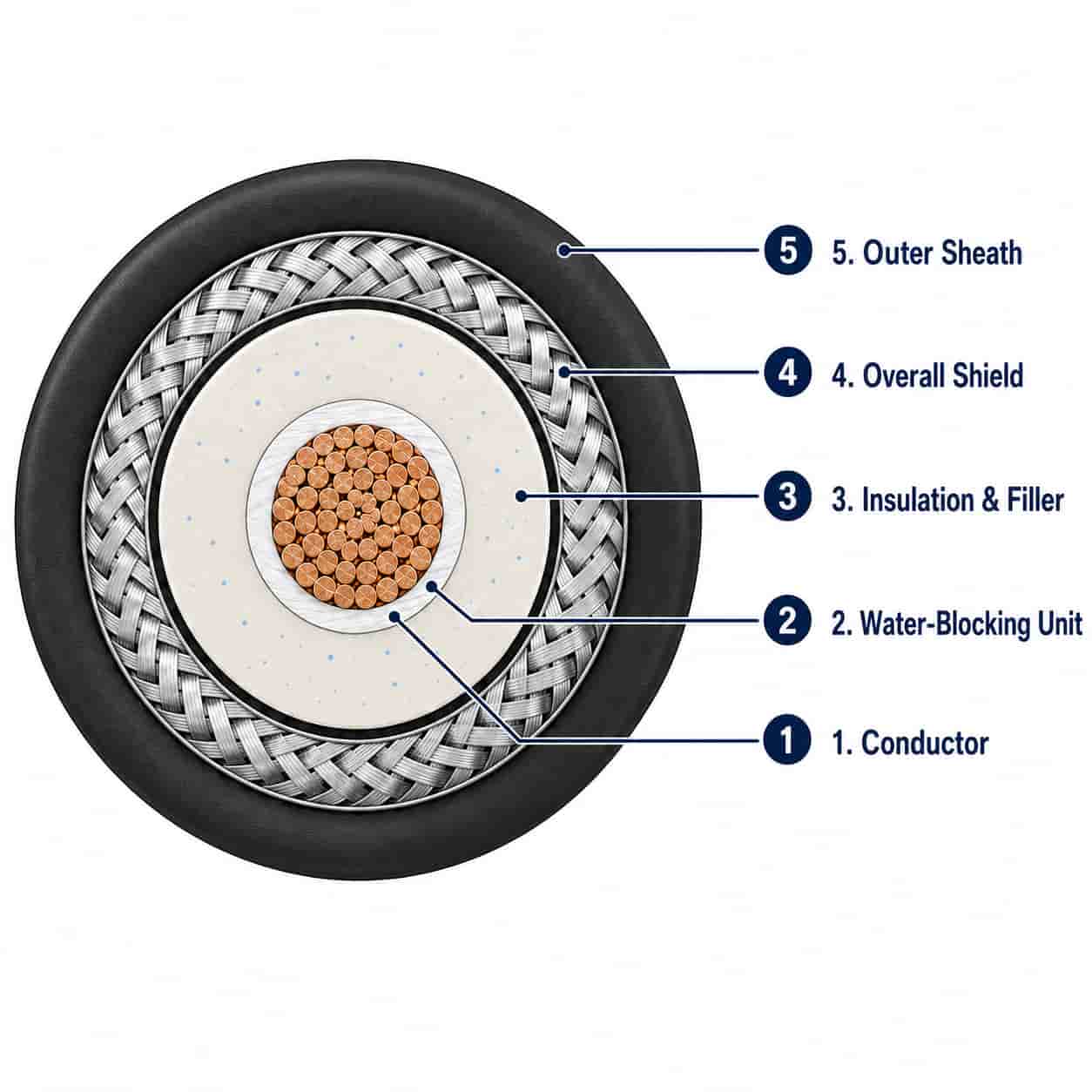 Water-blocking cable construction diagram showing conductor, water-blocking layers, shield, and sheath