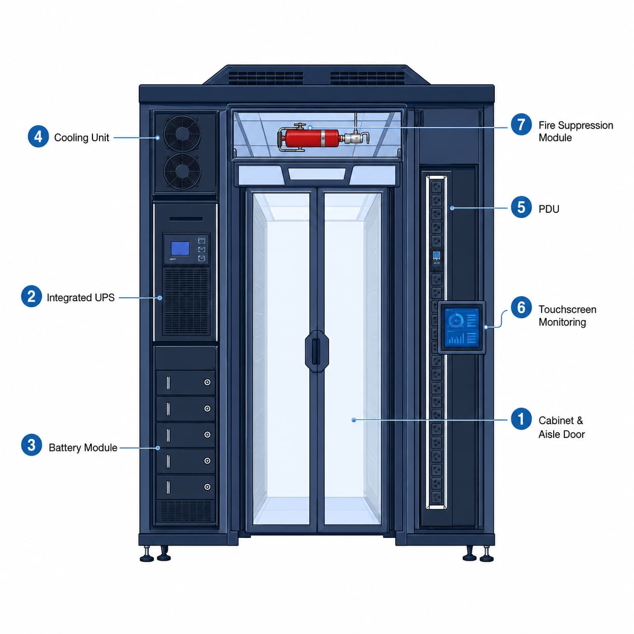 Numbered construction diagram of MC2000 cabinet showing power, cooling, battery and monitoring components