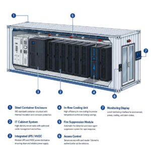 Numbered construction diagram of MC8000 container showing cabinet, power, cooling and security components