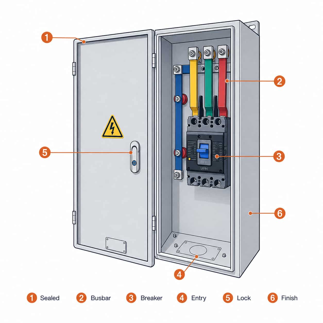Labeled construction diagram of busbar trunking tap-off box components