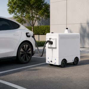 Mobile EV Charging Robot deployed in parking lot charging a vehicle
