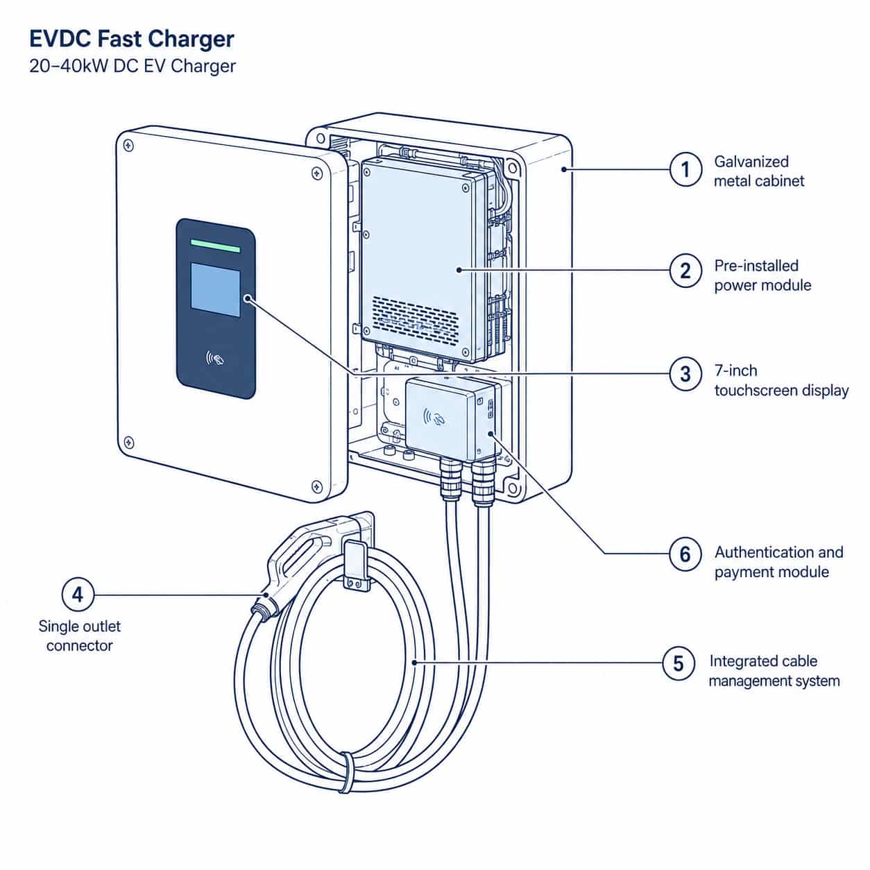 EVDC Fast Charger construction diagram with numbered components