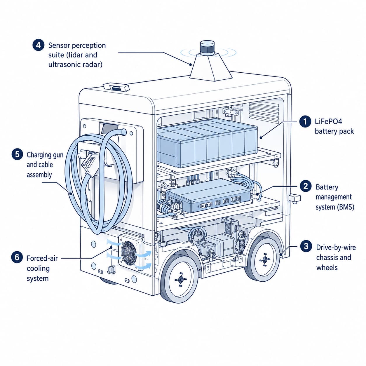 Mobile EV Charging Robot construction diagram with numbered components