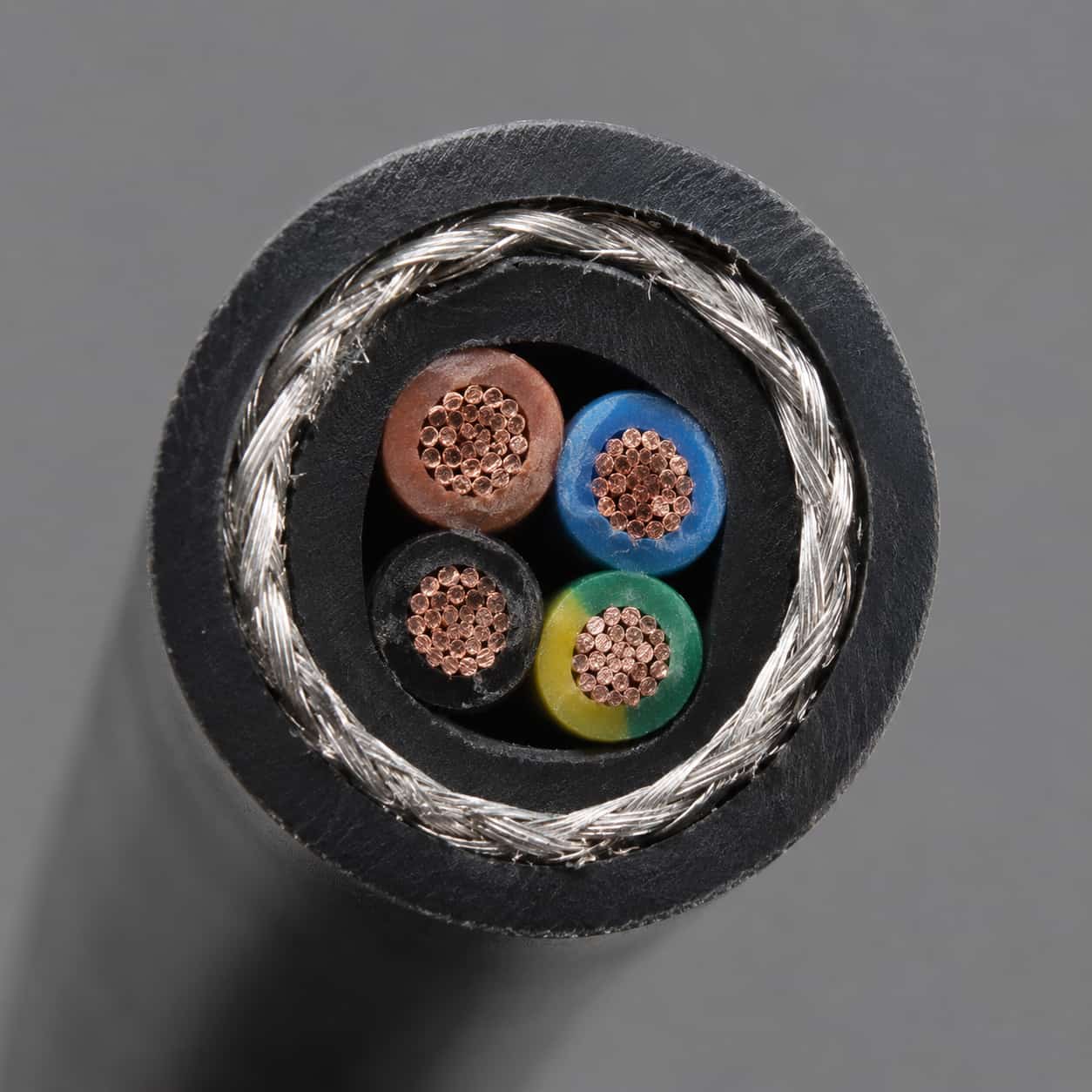Cross-section of corrosion-resistant cable showing shielding braid and insulated cores