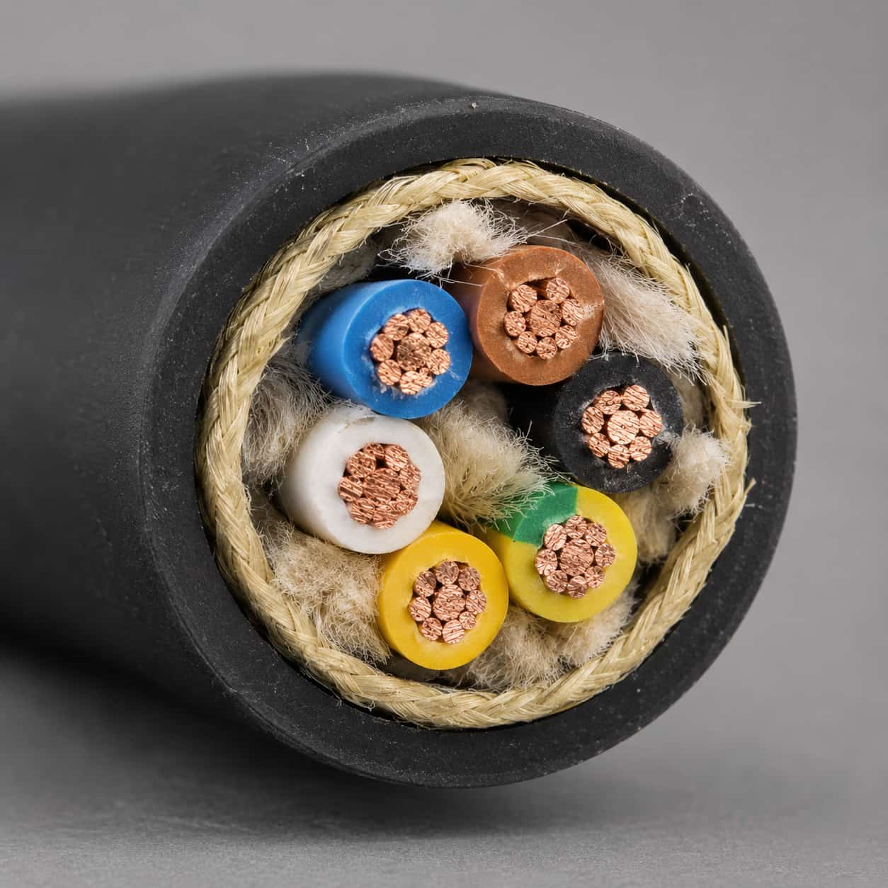 Cross-section of wind power cable showing aramid reinforcement and PVC insulated cores