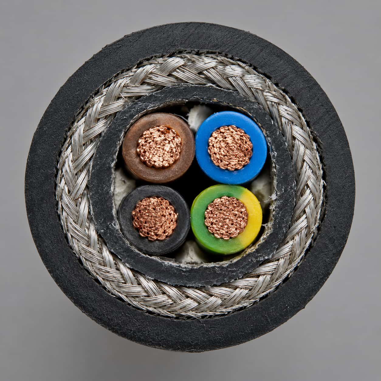 Cross-section of field special cable showing shielding braid and insulated cores