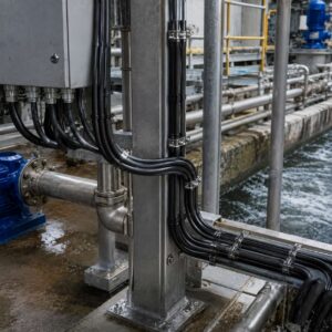 Black corrosion-resistant cable coiled near chemical plant equipment