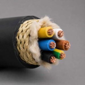 Stripped end of wind power cable showing aramid braid and reinforcement fibers