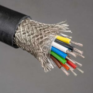 Stripped end of field special cable showing tinned copper braid shielding