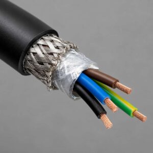 Stripped end of corrosion-resistant cable showing tinned copper braid shielding