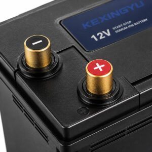 Close-up of KEXINGYU sodium-ion battery terminals and polarity markings