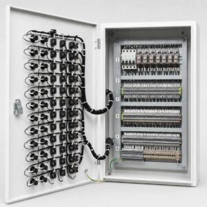 Open interior view of terminal box showing labeled terminal strips and wiring