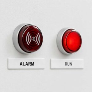 Close-up of alarm buzzer and red indicator lamp on terminal box front panel