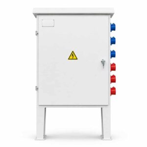 Front view of KEXINGYU floor-standing site distribution box with rain-hood roof and locking door