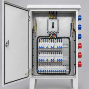 Open interior view of three-level distribution box showing main breaker and staged outgoing circuit breakers