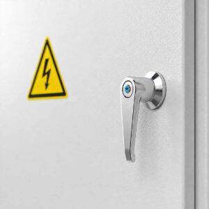 Close-up of locking door handle and electrical hazard warning label on site distribution box