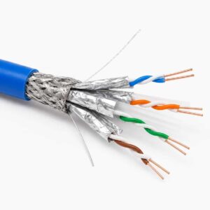 Cat 6 FTP Ethernet cable cutaway showing four twisted pairs aluminum foil shield drain wire separator and jacket