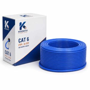 KEXINGYU Cat 6 shielded Ethernet cable with branded packaging box and blue bulk cable on white background