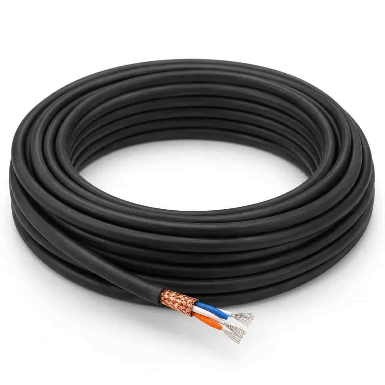 Black fire-resistant RS485 data cable coil with braided shield visible