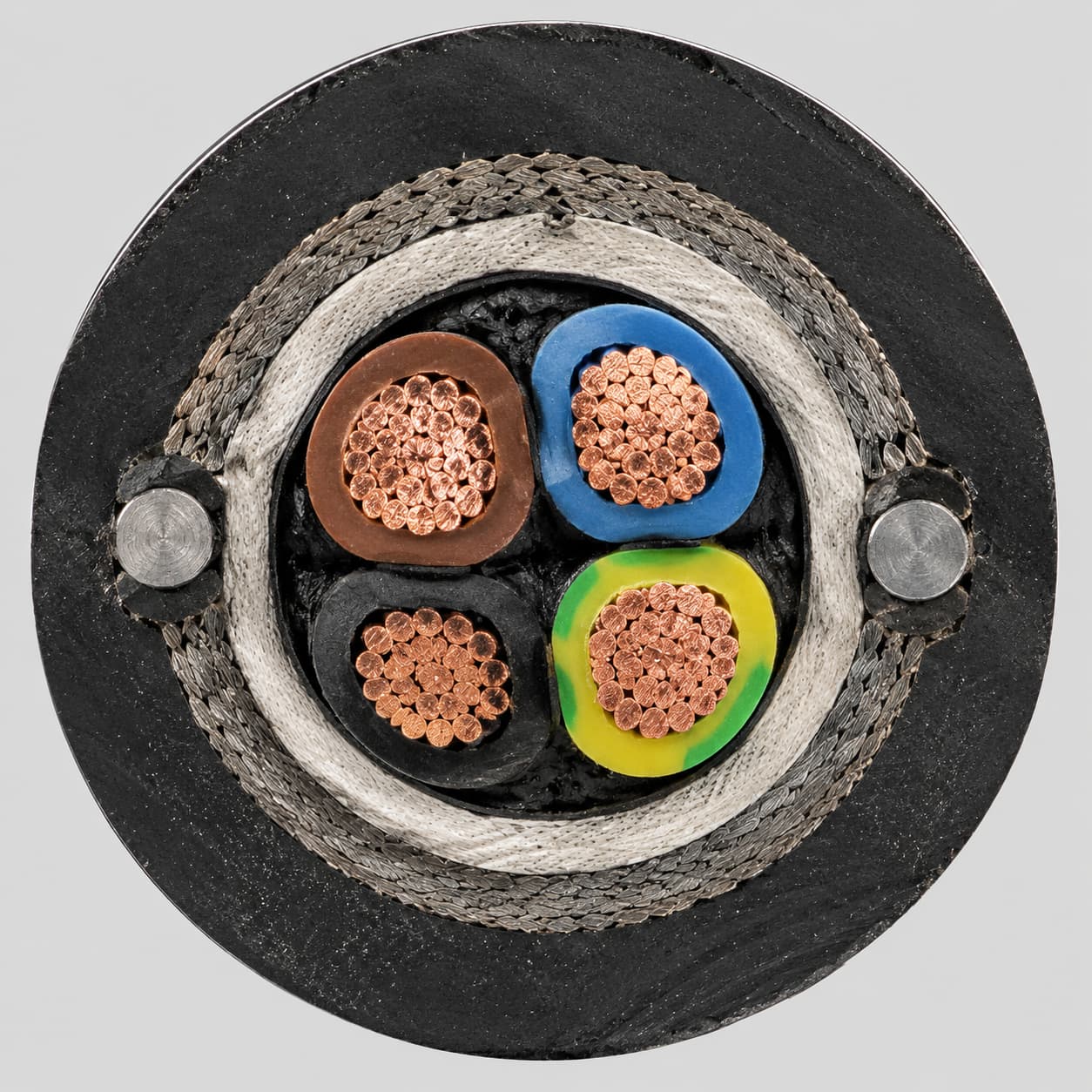 Cross-section of elevator control cable showing PVC insulated cores and support structure