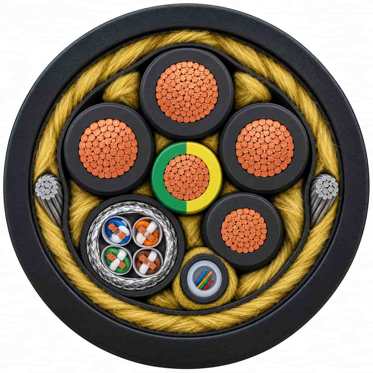 Cross-section diagram of network composite reel cable showing power core, network core and reinforcement