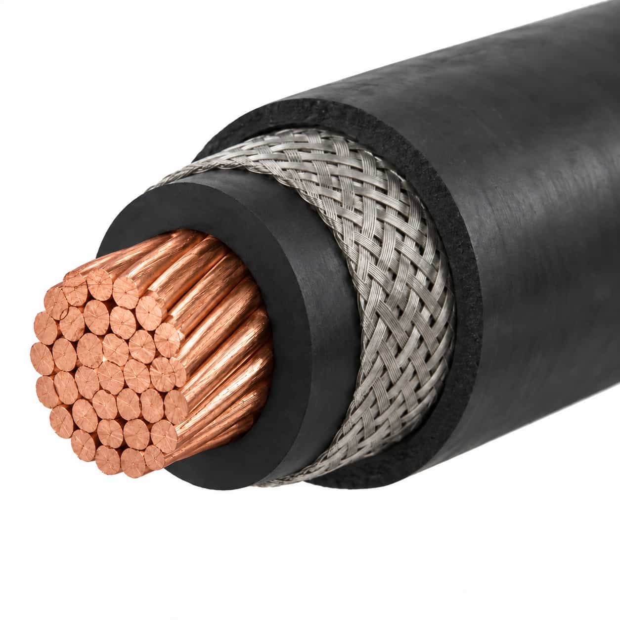 Cross-section of oil-resistant cable showing tinned copper conductor, EPR insulation, braided shield and LSZH sheath