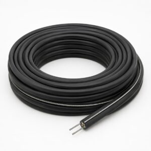 Black elevator control cable coiled with external steel support wires visible