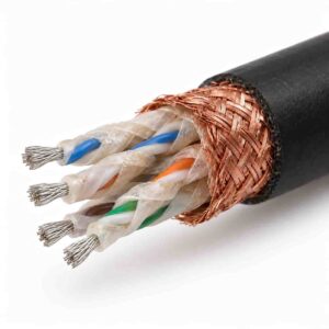 Cross-section of fire-resistant RS485 cable showing twisted pairs, mica-wrapped insulation, braided shield and LSZH sheath