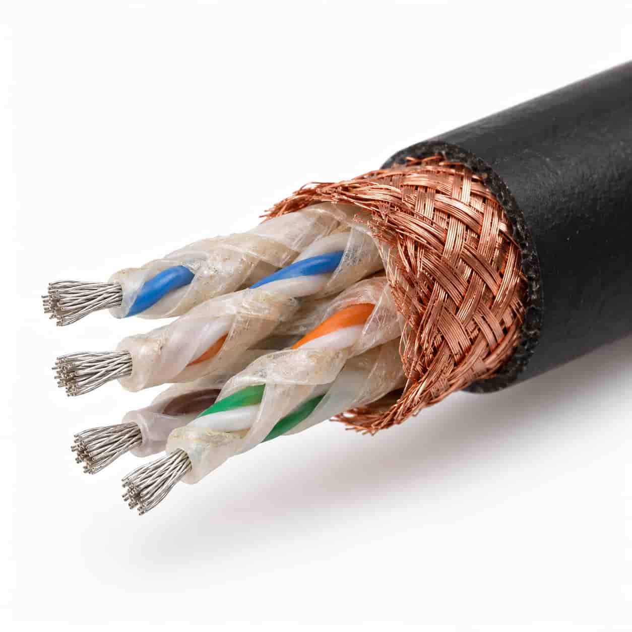 Cross-section of fire-resistant RS485 cable showing twisted pairs, mica-wrapped insulation, braided shield and LSZH sheath