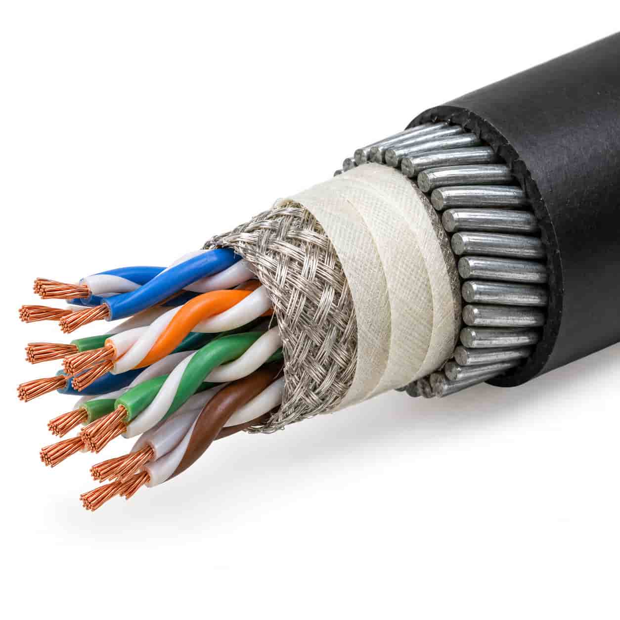 Cross-section of control cable showing copper conductors, mica tape and XLPE insulation and LSZH sheath
