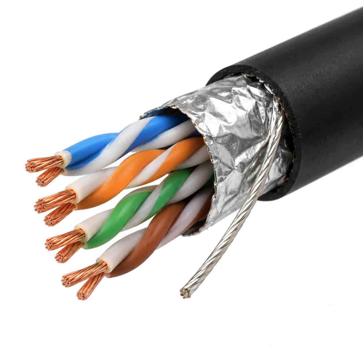 Cross-section of CAT3 FTP cable showing twisted copper pairs, silicone insulation, aluminum foil screen with drain wire and LSZH sheath
