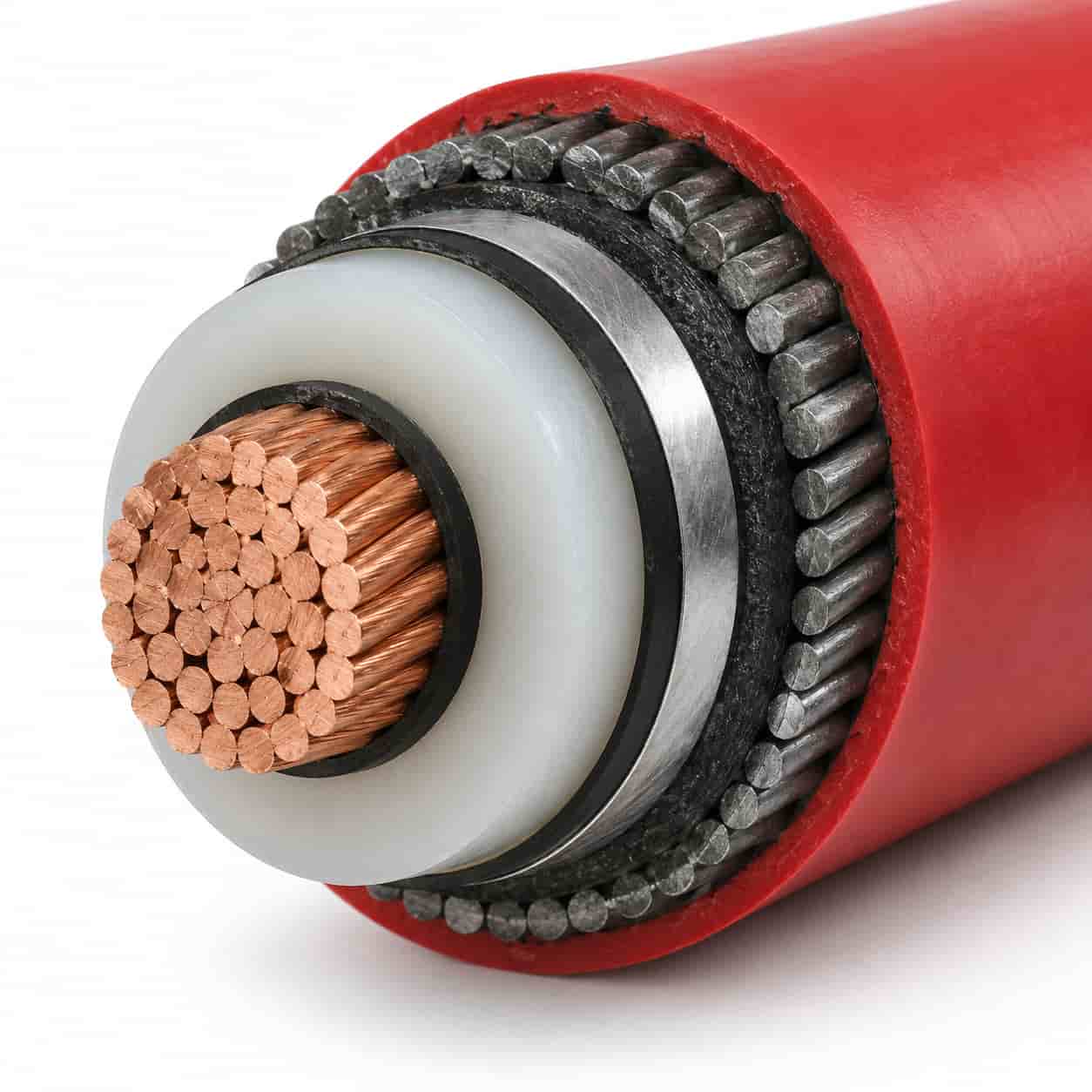 Cross-section of medium voltage cable showing copper conductor, XLPE insulation, screens, armour and red outer sheath